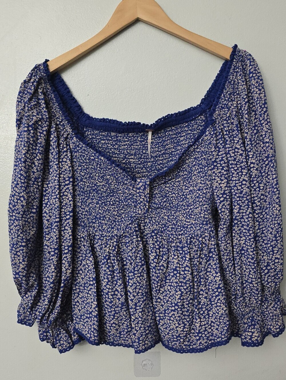 Free People Brittnee Print Smocked Blue Peplum Top Size S floral Ditzy